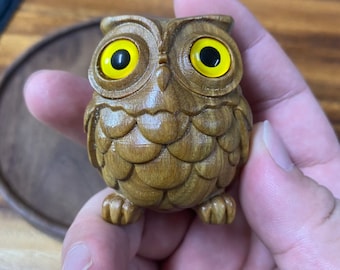 Hand Carved Wooden Owl Figurine, Painted Owl Decor