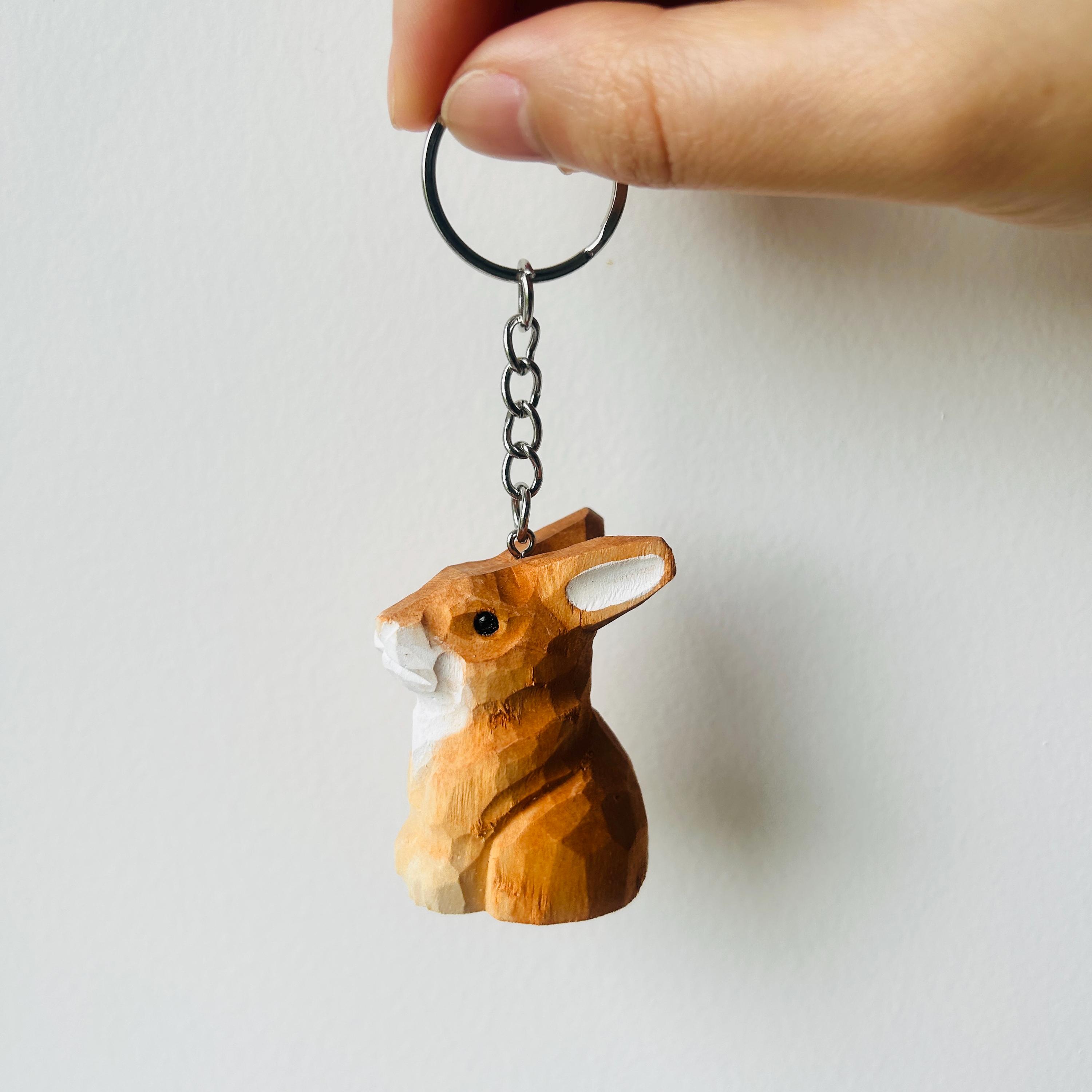 Hand Carved Wooden Rabbit Keychain, Cute Bunny Key Chain, Wood Animal ...