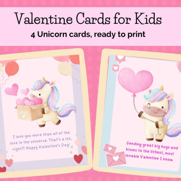 Unicorn Valentine Cards for kids / Set of Valentine's Cards / Kids Valentine /  Valentines / SET of 4 INSTANT DOWNLOAD