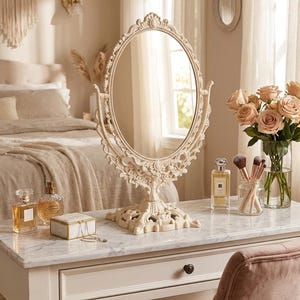 fairy dressing table Fairy Vanity Desk with Mirror and Lights, Makeup Vanity with Glass Top, 2 RGB Drawers, Shelves, Cabinet, Power Outlet, White, Size: 35.4-White