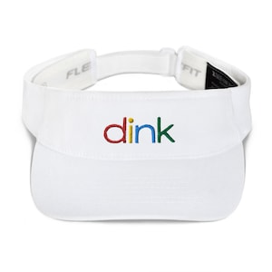 May include: White visor with a colorful embroidered logo that says "dink" in red, yellow, blue, and green.
