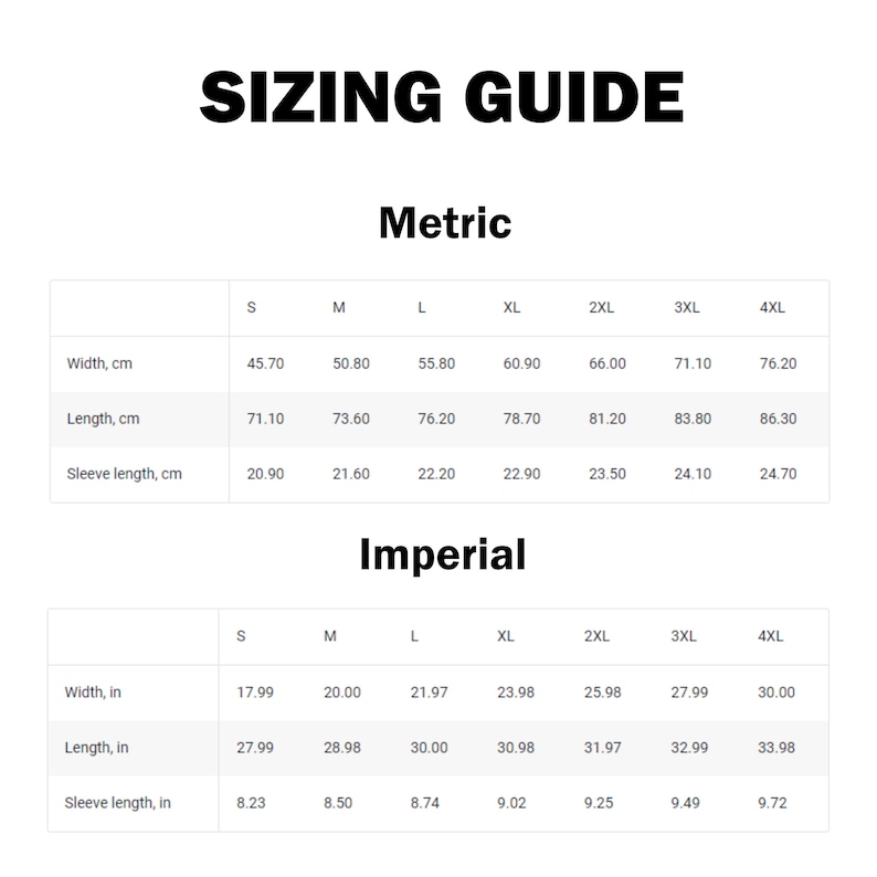 Puede incluir: Tabla de tallas con medidas en pulgadas y cent&iacute;metros para diferentes tallas de ropa, de la S a la 4XL. La tabla incluye medidas de ancho, largo y manga.