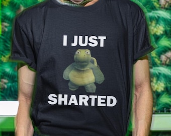 May include: A black t-shirt with a green cartoon turtle and the text "I just sharted" in white.