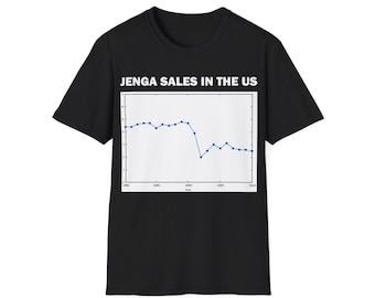Könnte beinhalten: Schwarzes T-Shirt mit einer weißen Grafik eines Liniendiagramms, das "Jenga-Verkäufe in den USA" von 1990 bis 2010 zeigt.