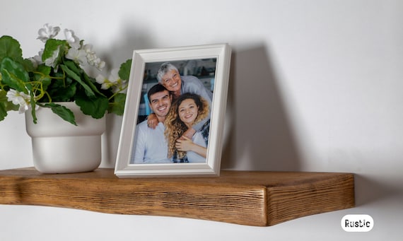 2'' Thick Rustic Floating Shelf with Sturdy Iron Brackets | Solid Wood Wall Shelves for Living Room, Kitchen, Bedroom Decor