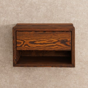 Floating Nightstand Rustic Solid Wood with Drawer and Shelf, Bedside Table Walnut Colored Reclaimed Style