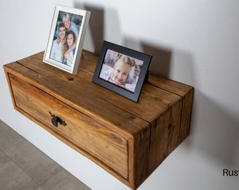 Floating nightstand with drawer, Rustic bedside, Entryway organizer, Wall mounted decor, Vintage farmhouse furniture