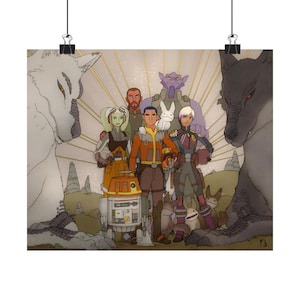 May include: A group of cartoon characters stand in front of two large wolf-like creatures. The characters include a droid, a human, a green alien, a purple alien, and a white alien. The background is a golden color with rays of light.