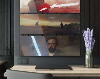 Op de afbeelding: Een driedelig set ingelijste kunstprints met scènes uit de Star Wars-filmfranchise. De prints tonen personages die lichtzwaarden zwaaien in een woestijnlandschap.