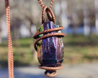 Rainbow Titanium coated quartz big pendant, aura rainbow blue quartz necklace