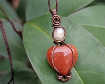 Orange aventurine crystal and freshwater pearl pendant
