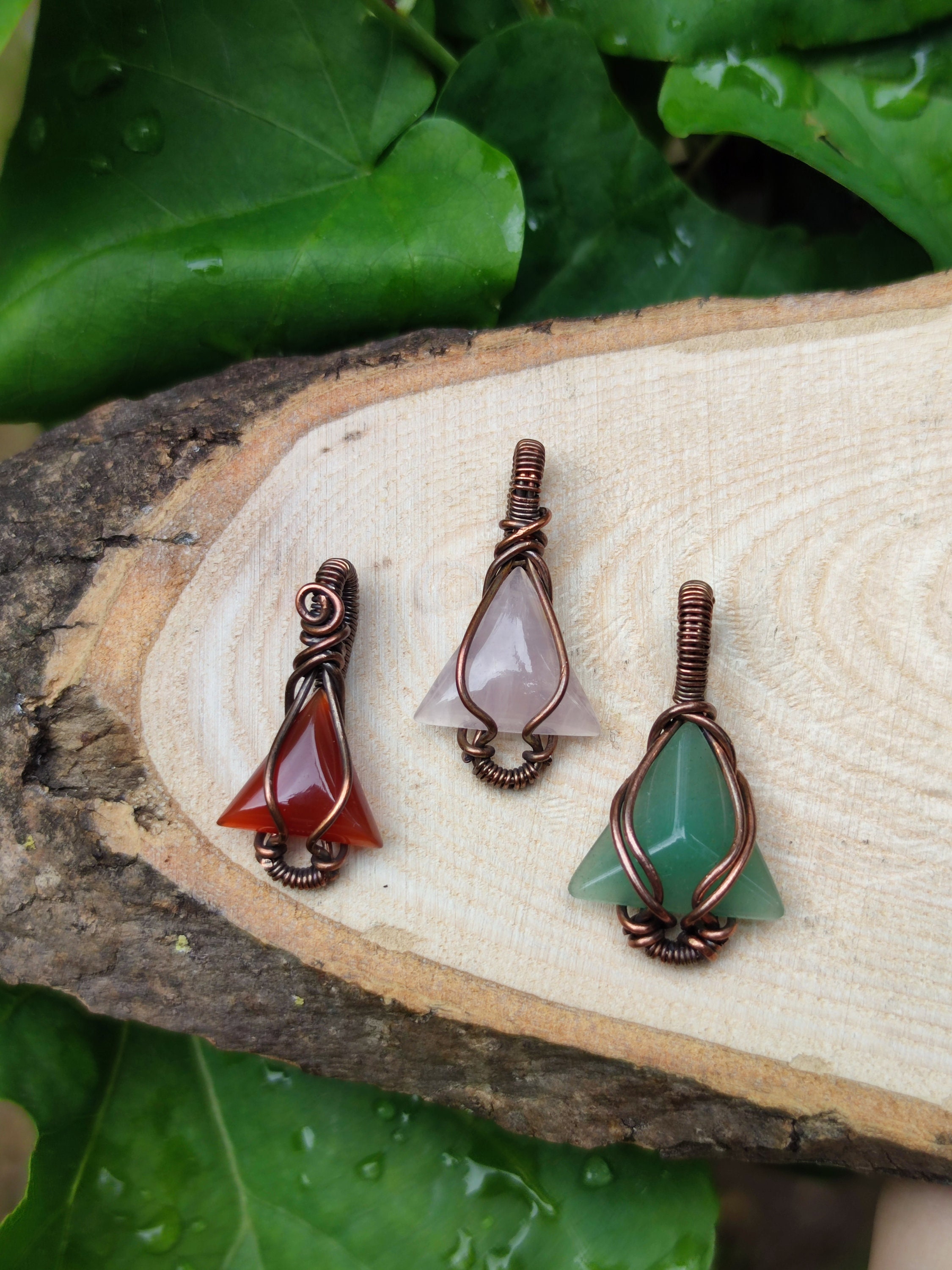 triangular crystal necklaces, sacred geometry triangle necklace, rose quartz, aventurine, red agate triangle