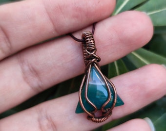 triangular crystal necklaces, sacred geometry triangle necklace, green agate, dyed striped green agate trianglular pendant