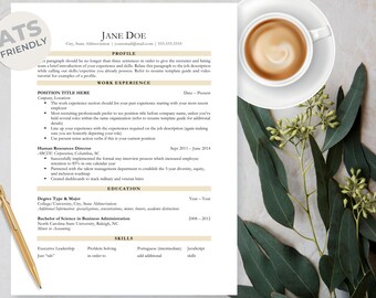 May include: A resume template with a beige background and black text. The resume is for Jane Doe and includes her contact information, profile, work experience, education, and skills.