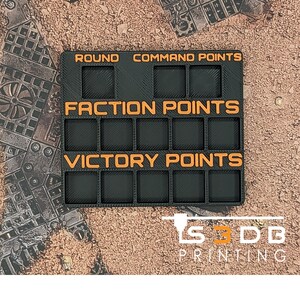 May include: Black plastic tracker with orange text for a board game. The tracker has sections for round, command points, faction points, and victory points.