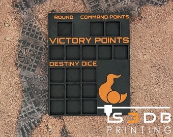 May include: Black plastic game organiser with compartments for storing game pieces. The organiser has labels for "Round", "Command Points", "Victory Points", and "Destiny Dice". It also features a small orange duck logo.