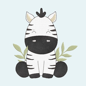 Puede incluir: Una linda cebra de dibujos animados con rayas blancas y negras se sienta sobre sus patas traseras con las patas delanteras cruzadas. La cebra tiene una nariz negra y ojos negros. La cebra está rodeada de hojas verdes.