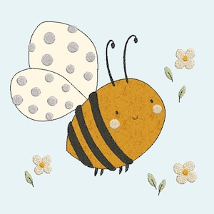 Può includere: Un'ape di cartone animato con un corpo a strisce gialle e nere e ali bianche con pois grigi. L'ape sorride e ha due piccoli cerchi bianchi per gli occhi. L'ape è circondata da piccoli fiori bianchi con centri gialli.