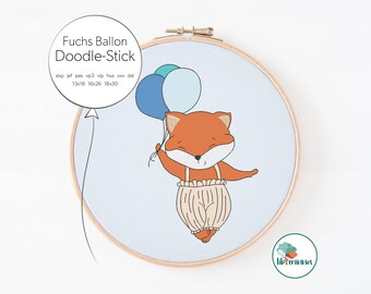 Archivo de bordado zorro con globo – aplique de garabato para la máquina de bordar – patrón de bordado para ropa y accesorios – 13x18 a 18x30