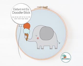 Archivo de bordado elefante con helado – aplique de garabato para la máquina de bordar – patrón de bordado para ropa y accesorios – 10x10 a 18x30