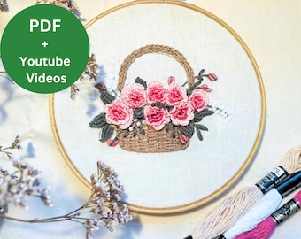Hand Embroidery PDF Pattern, Flower Embroidery, 3D Hand Embroidery, 3D Basket Embroidery, PDF Patterns, Video Tutorials, Printable