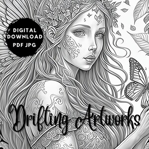 Butterfly Fairy | Coloring Book Page - Fantasy Themed Adult Intermediate Printable Greyscale Illustration Instant Download JPG PDF