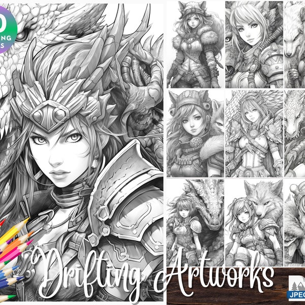 Monster Hunter H | Coloring Page Art Pack - 10 Designs -  Fantasy Anime Themed Printable Illustrations Instant Download PDF JPG