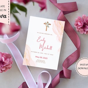 Puede incluir: Una plantilla de tarjeta conmemorativa imprimible con un fondo de acuarela en tonos rosa y dorado. La tarjeta presenta una cruz con acentos florales y el texto "En memoria cariñosa de... Emily Mitchell" con las fechas de nacimiento y muerte. El texto "May 09, 2023" también está incluido.