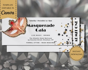Masquerade Gala Ticket | Banquet Ticket | Fundraiser | Event Ticket | Printable Template | instant download