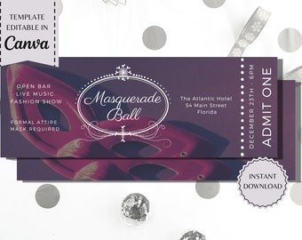 Masquerade Gala Ticket | Banquet Ticket | Fundraiser | Corporate Ticket | Printable Template | instant download