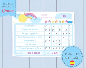 EDITABLE Sun and Rainbow Reward Chart in Spanish, Behavior Chart/Daily Chores, Pastel, Girl Sun & Rainbow, Printable