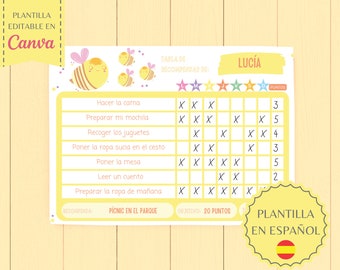 EDITABLE Bee Reward Chart in Spanish, Behavior and Daily Tasks Chart, Pastel, Bee, Printable, A4 Digital Template