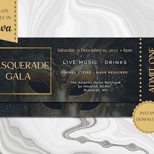 Masquerade Gala Ticket | Banquet Ticket | Fundraiser | Corporate Ticket | Printable Template | instant download