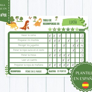 EDITABLE Dinosaur Reward Chart in Spanish, Behavior Chart/Daily Tasks, Pastel, Dinosaurs, Printable
