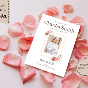 Puede incluir: Una plantilla de tarjeta conmemorativa imprimible con un diseño floral y un espacio reservado para una foto. El texto dice "En memoria cariñosa de Claudia Smith, 6 de octubre de 1967 - 7 de mayo de 2021, 23 de mayo de 2023, 10:00 AM, 123 Anywhere St. Any City, ST 12345".