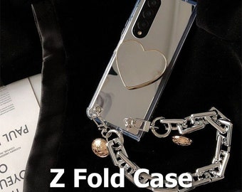 Z Fold Love Heart Bracket Case - Full View Makeup Mirror - Shockproof - Samsung Galaxy Z Fold 4/3 5G - 3D Silver Thick Bracelet Cover