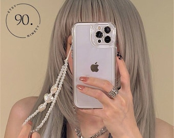 Charming Korean Love Pearl - Heart Chain Clear Case for iPhone 14/13/12/11 Pro/XS Max/X/XR/7/8 Plus/SE 3 - Jelly Shockproof Soft Cover