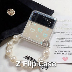 Luxury Pearl Bracelet Phone Case - Z Flip 3 4 Case - Laser Love Heart Hologram - Strap Bracelet Peral Cute - Samsung - Clear