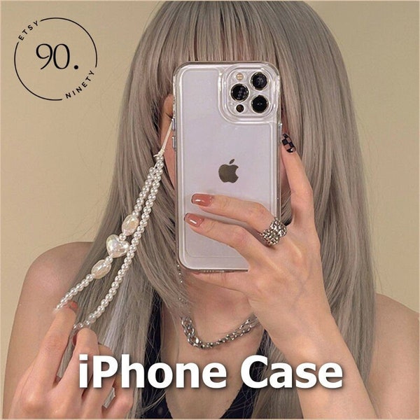 Charmante perle d'amour coréenne - Coque transparente avec chaîne en cœur pour iPhone 14/13/12/11 Pro/XS Max/X/XR/7/8 Plus/SE 3 - Coque souple antichoc Jelly