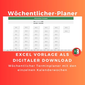 Könnte beinhalten: Eine grüne und weiße Wochenplanvorlage für Microsoft Excel. Die Vorlage ist so konzipiert, dass Benutzer ihre Woche Woche für Woche planen können, wobei jede Woche durch ein separates Feld dargestellt wird. Die Vorlage enthält eine Titelleiste mit der Aufschrift "Wöchentlicher-Planer" und "EXCEL VORLAGE ALS DIGITALER DOWNLOAD".