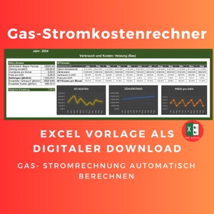 Könnte beinhalten: Ein farbiges Diagramm mit einem Graphen, der die Gas- und Stromkosten zeigt. Das Diagramm ist mit "Gas-Stromkostenrechner" betitelt und enthält den Text "EXCEL VORLAGE ALS DIGITALER DOWNLOAD" und "GAS-STROMRECHNUNG AUTOMATISCH BERECHNEN".