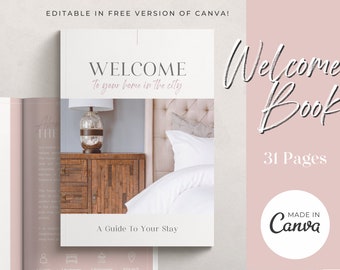 Plantilla de libro de bienvenida de Airbnb  /  Manual de la casa de superanfitriones de Airbnb  /  Folleto de bienvenida editable de Canva /  Guía para huéspedes de alquileres vacacionales /  VRBO