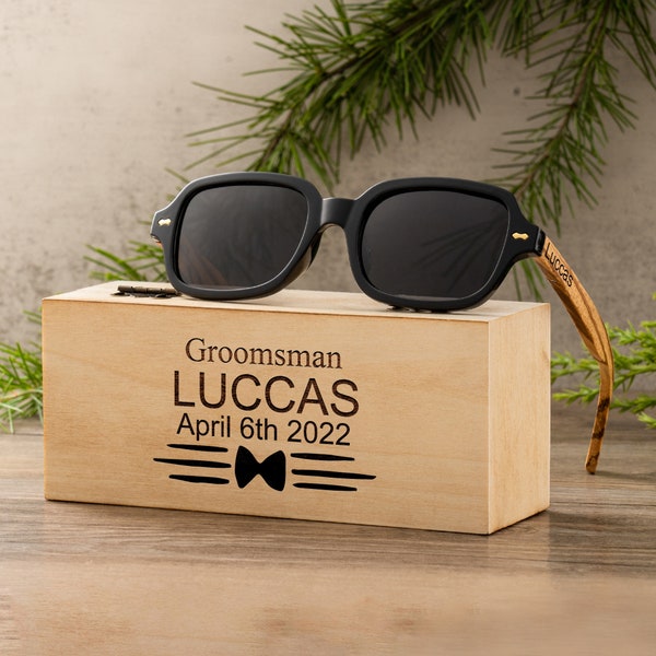 Custom Engraved Groomsman Wood Sunglasses With Wooden Box, Groomsmen Gifts, Bachelor Party Wedding Party Gifts For Guys, Groomsmen Proposal