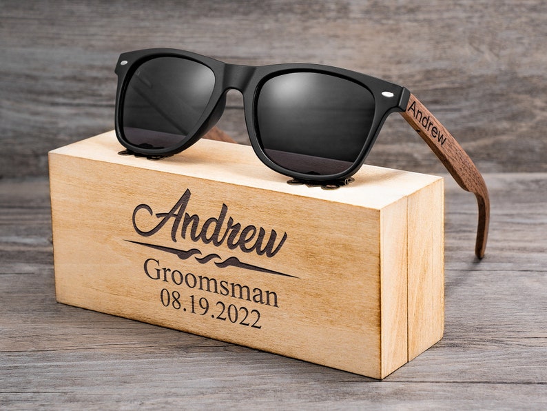 Personalized Walnut Wood Sunglasses, Groomsman Sunglasses, Groomsmen Gifts, Bachelor Party Gifts, Wedding Gift For Guys, Groomsmen Proposal image 1