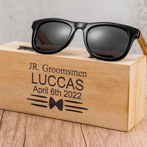 Junior Groomsmen Sunglasses, Custom Engraved Wood Sunglasses, Toddler Youth Kid Glasses, Jr. Groomsmen Proposal Gift Idea for Wedding Party image 1