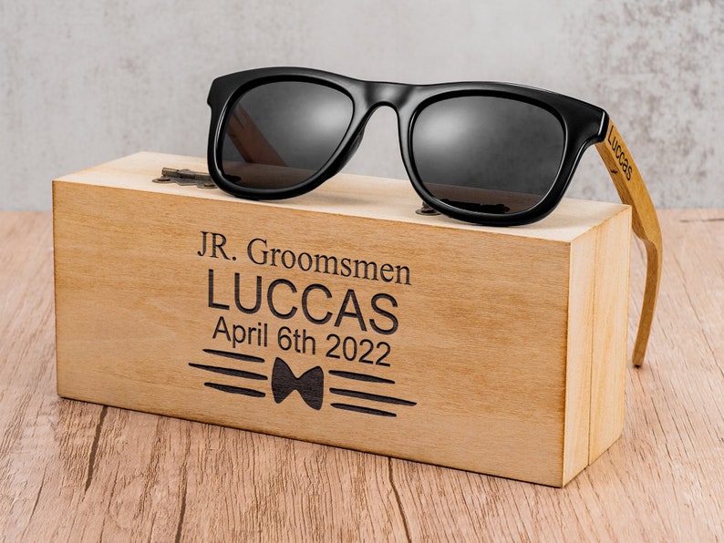 Junior Groomsmen Sunglasses, Custom Engraved Wood Sunglasses, Toddler Youth Kid Glasses, Jr. Groomsmen Proposal Gift Idea for Wedding Party image 1