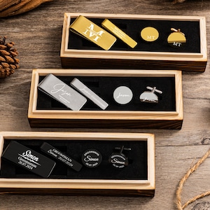 Cadeaus stalknecht, gepersonaliseerde manchetknopen dasspeld Geldclipset met houten kist, cadeau stalknecht, voorstel stalknecht, cadeau getuige