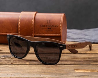 Gafas de sol de madera personalizadas con estuche de cuero, set de regalo para padrinos de boda, gafas de sol para padrinos de boda, regalo para novios, regalos de aniversario, regalos para bodas