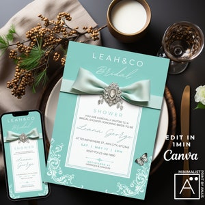 Customizable Bride & Co. Invitation Template, White Bow with Aqua Blue Invitation, Audrey Hepburn Breakfast At Tiffany Invite, Bridal Shower