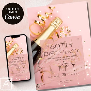 60th birthday, 60th birthday party, 60 birthday invites for women,  Editable Canva Invitation, 60th birthday party favors